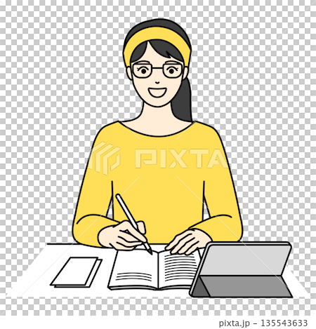 圖解:一位女士面帶微笑,一邊看著平板電腦一邊做筆記 圖解:一位女士面帶微笑,一邊看著平板電腦一邊做筆記 135543633