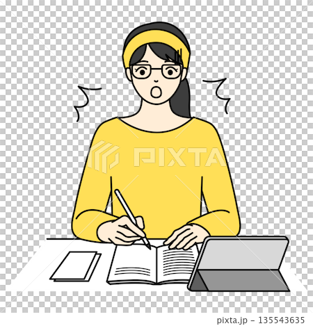 Illustration of a woman with glasses making a surprising discovery while studying 135543635
