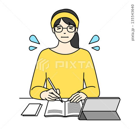 必死にペンを走らせる勉強や仕事に追われる女性のイラスト 135543640