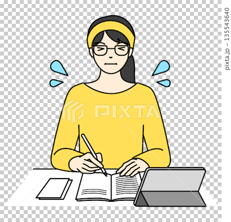 必死にペンを走らせる勉強や仕事に追われる女性のイラスト 135543640