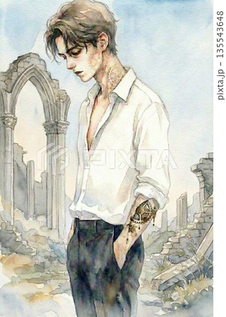廃墟の門前に佇む機巧の青年 歯車と水彩の幻想イラスト 幻想画廊シリーズ 廃墟の門前に佇む機巧の青年 歯車と水彩の幻想イラスト 幻想画廊シリーズ 135543648