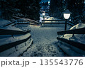 Night view with snowy stairs. Snow-covered staircase with illumination at night in the mountains. Christmas trees covered with snow around the stairs. Carpathians. Bukovel. Ukraine 135543776