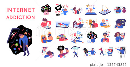 Cartoon Color Internet Addiction Scenes Concept Set Flat Design Style Person Addicted Dadget. Vector illustration of Digital Dependence Cartoon Color Internet Addiction Scenes Concept Set Flat Design Style Person Addicted Dadget. Vector illustration of Digital Dependence 135543833