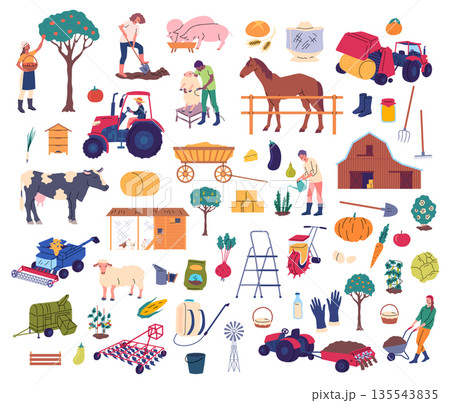 Cartoon Color Characters Farmers with Tools and Animals Agriculture Concept Flat Design Style. Vector illustration 135543835