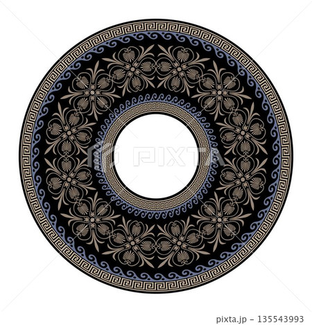 Decorative greek plate with floral ornament. Patterns of Greece and ancient Rome. European border. Typical egyptian, assyrian, greek motives. For textile, engraving, forging, embroidery, plate, porcel Decorative greek plate with floral ornament. Patterns of Greece and ancient Rome. European border. Typical egyptian, assyrian, greek motives. For textile, engraving, forging, embroidery, plate, porcel 135543993