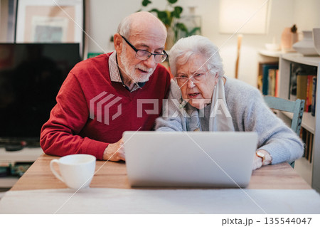Loving elderly couple exploring digital world together, using laptop. 135544047