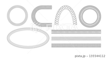 Spiral spring set. Metal wire coil spring icon collection. Thin zigzag waves symbol. Flexible coil shapes. Loop line pattern. Vector illustration isolated on white background Spiral spring set. Metal wire coil spring icon collection. Thin zigzag waves symbol. Flexible coil shapes. Loop line pattern. Vector illustration isolated on white background 135544112