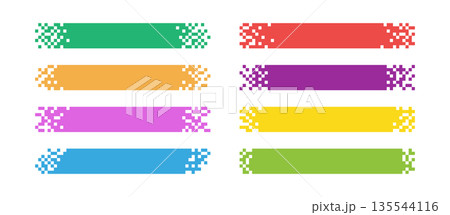 Pixel rectangle header. Pixel gradient title set. Horizontal stripe geometric mosaic banner. Abstract game digital pattern. Web color title shape. Vector illustration isolated on white background 135544116