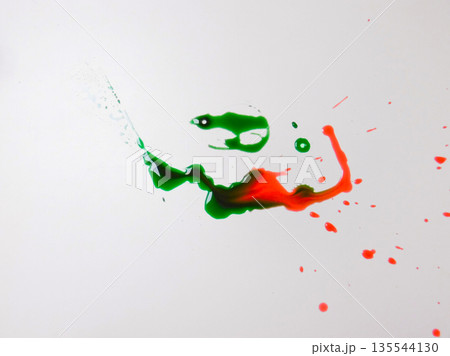 Intricate Splatter And Looping Strokes Of Green And Red Paint On White Plane, Circular Gestures And Drips Form 135544130