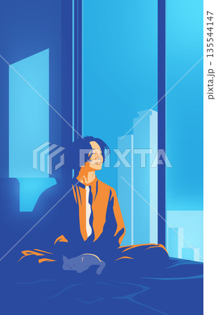 Lo-fi aesthetic art of a man sitting with pet cat against blue city skyline Lo-fi aesthetic art of a man sitting with pet cat against blue city skyline 135544147