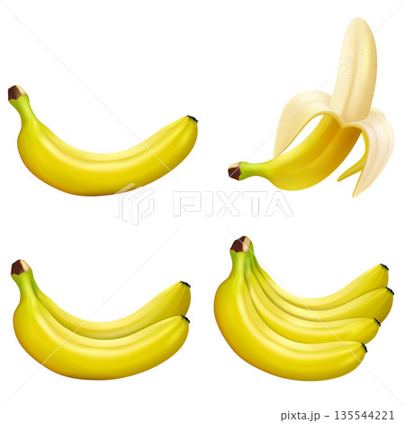 Set of 3d vector realistic illustration bananas. Banana,half peeled banana,bunch of bananas isolated on white background, banana icon 135544221