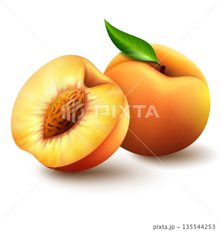 Realistic ripe peaches with green leaves, whole, half and slices. Juicy sweet fruits realistic 3d vector high detail on white background. Ripe peaches, whole and sliced. Vector illustration. Realistic ripe peaches with green leaves, whole, half and slices. Juicy sweet fruits realistic 3d vector high detail on white background. Ripe peaches, whole and sliced. Vector illustration. 135544253
