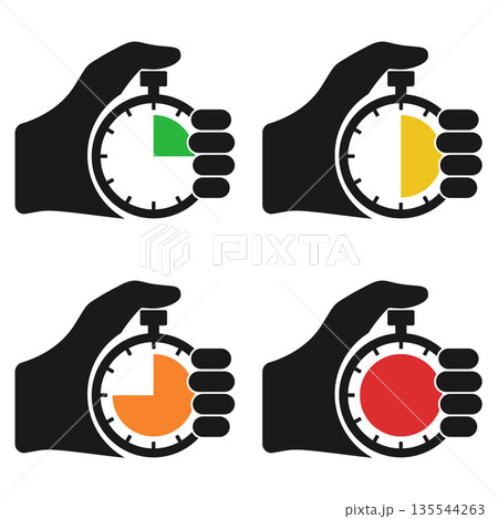 Stopwatch in hand, icon set black isolated on white background. Vector illustration flat design. Sport timer on competitions. Trainer holding stopwatch. Start, finish. Time management. 135544263