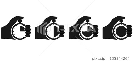 Stopwatch in hand, icon set black isolated on white background. Vector illustration flat design. Sport timer on competitions. Trainer holding stopwatch. Start, finish. Time management. Stopwatch in hand, icon set black isolated on white background. Vector illustration flat design. Sport timer on competitions. Trainer holding stopwatch. Start, finish. Time management. 135544264