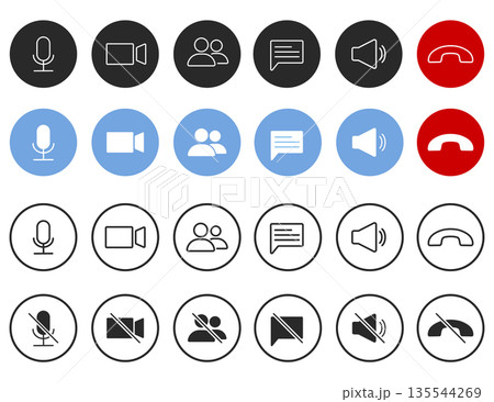Set of Video call icons. Video conference. Collections buttons of on-line video chat app, internet talk, call technology. Web app ui display template. Videoconferencing and online meeting workspace 135544269