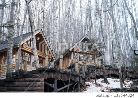 Wooden cabins in a winter forest surrounded by bare trees 135544324