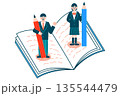 制服を着た男女の学生がノートの上で鉛筆を持っている勉強のイメージイラスト(冬服) 135544479