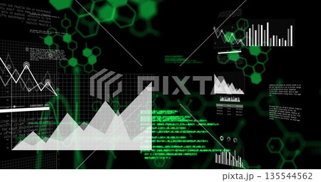 Displaying translucent area chart over dashboard, with data charts, code blocks, hexagon network 135544562