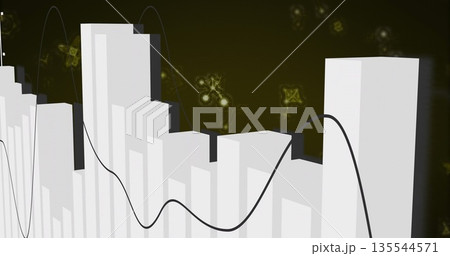 Displaying 3D bar chart columns in dark digital space, with black trend line and glowing clusters Displaying 3D bar chart columns in dark digital space, with black trend line and glowing clusters 135544571