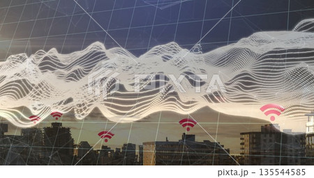 White dotted wave mesh grid overlay hovering over apartment, office rooftops with red WiFi icons White dotted wave mesh grid overlay hovering over apartment, office rooftops with red WiFi icons 135544585