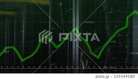 Displaying green fluctuating line chart on grid interface, with reflective panels, numeric labels Displaying green fluctuating line chart on grid interface, with reflective panels, numeric labels 135544589