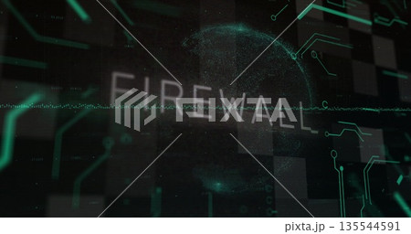 Displaying FIREWALL label over digital sphere on network map, with neon-green circuitry Displaying FIREWALL label over digital sphere on network map, with neon-green circuitry 135544591