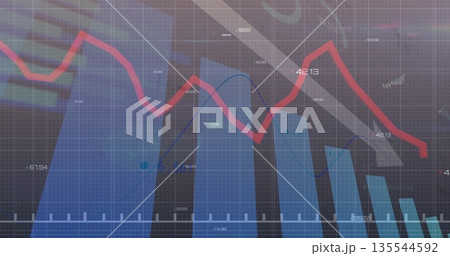 Displaying finance visualization on screen, showing bar charts and red and blue trends, gridlines 135544592