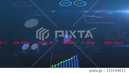 Dashboard displaying pie, line and bar charts in virtual space, with numeric overlays on hex grid 135544611