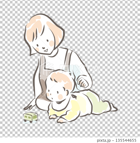 A crawling baby and a teacher watching from behind A crawling baby and a teacher watching from behind 135544655