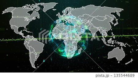 Glowing Earth sphere rotating in interface, with triangular particles map lines and data stream Glowing Earth sphere rotating in interface, with triangular particles map lines and data stream 135544689