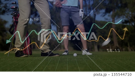 Analyzing golf partners examining shot metrics on putting green, with golf ball and wireframe grid Analyzing golf partners examining shot metrics on putting green, with golf ball and wireframe grid 135544710