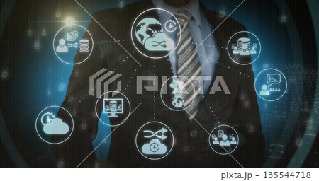Interacting businessman wearing suit raising hand at data center, with globe and cloud icons 135544718