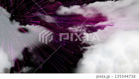 Radiating magenta purple streaks and dot trails racing diagonally in digital sky, with gray clouds 135544738