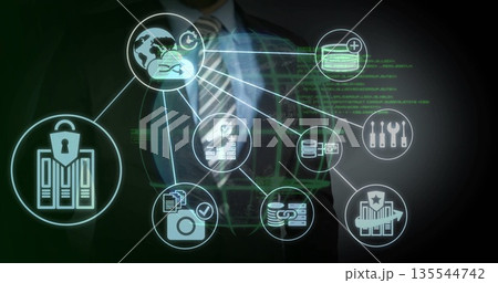 Interacting executive navigating holographic network interface in code, with glowing security icons Interacting executive navigating holographic network interface in code, with glowing security icons 135544742