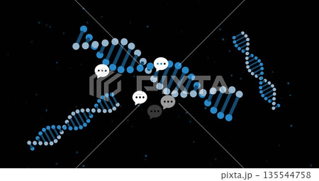 Floating central DNA double helix connecting smaller helices in digital space, with speech bubbles Floating central DNA double helix connecting smaller helices in digital space, with speech bubbles 135544758