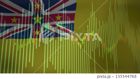 Displaying Niue flag overlaying stock market bar graph on digital backdrop, with candlestick chart Displaying Niue flag overlaying stock market bar graph on digital backdrop, with candlestick chart 135544768