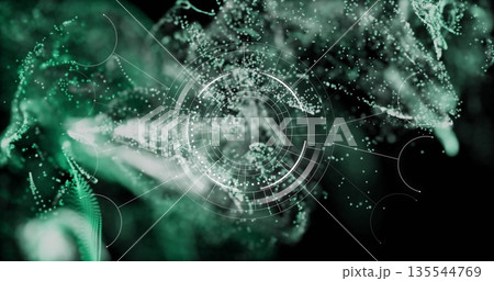 Displaying translucent circular HUD interface in virtual space, with green particles and rings 135544769