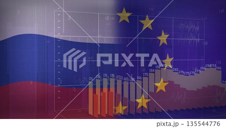 Displaying 3D bar charts, line graphs and numeric labels, with EU stars over Russian flag stripes Displaying 3D bar charts, line graphs and numeric labels, with EU stars over Russian flag stripes 135544776