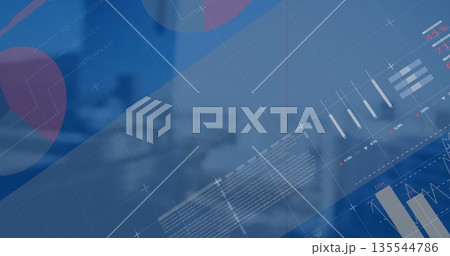 Showing data overlay across conference table and chairs in boardroom, with pie, bar and line graphs Showing data overlay across conference table and chairs in boardroom, with pie, bar and line graphs 135544786