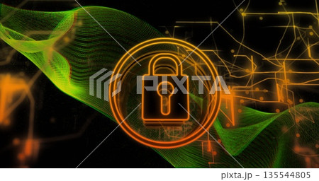 Orange padlock icon spinning in digital background, with neon rings, green mesh and yellow circuits Orange padlock icon spinning in digital background, with neon rings, green mesh and yellow circuits 135544805