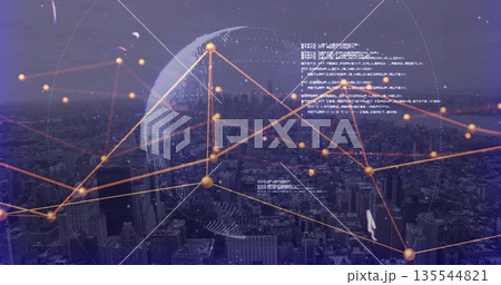 Overlaying translucent digital globe linking golden nodes over skyline at dusk, floating code text Overlaying translucent digital globe linking golden nodes over skyline at dusk, floating code text 135544821