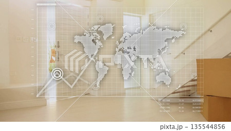 Displaying translucent grid overlay over foyer with staircase, boxes and ascending world map graph Displaying translucent grid overlay over foyer with staircase, boxes and ascending world map graph 135544856
