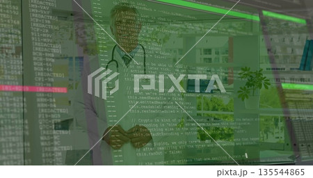 Doctor in white coat wearing stethoscope analyzing code overlay at desk, with laptop Doctor in white coat wearing stethoscope analyzing code overlay at desk, with laptop 135544865