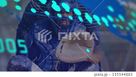 Baseball catcher crouching behind home plate in protective gear, mask, mitt with turquoise overlay Baseball catcher crouching behind home plate in protective gear, mask, mitt with turquoise overlay 135544883