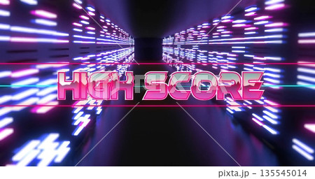 Shining neon sign reading HIGH SCORE in futuristic corridor, with reflective floor and neon bars 135545014