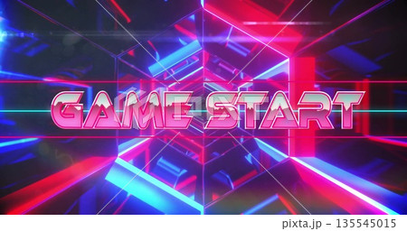 Displaying stylized neon GAME START text inside virtual gaming tunnel, with glowing hexagonal beams Displaying stylized neon GAME START text inside virtual gaming tunnel, with glowing hexagonal beams 135545015