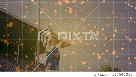 Baseball player swinging bat at ball in stadium, with bleachers, foul pole, grid and coin icons 135545019