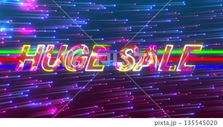Glitching glowing neon text HUGE SALE pulsing across dark digital canvas, with colorful streaks Glitching glowing neon text HUGE SALE pulsing across dark digital canvas, with colorful streaks 135545020