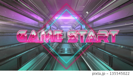 Glowing neon pink 'GAME START' with diamond outline shining in spaceship corridor, with metal walls Glowing neon pink 'GAME START' with diamond outline shining in spaceship corridor, with metal walls 135545022