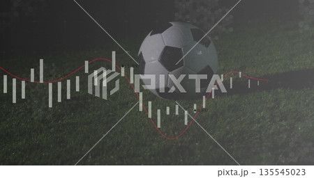 Displaying soccer ball on grass turf at night, with white candlestick bars and red trend line Displaying soccer ball on grass turf at night, with white candlestick bars and red trend line 135545023